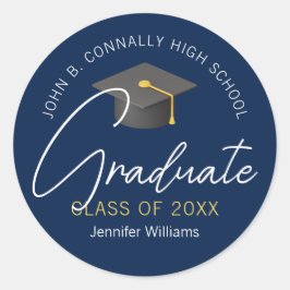 Modern marineblauw Afstuderen afstudeerfeest op ma Ronde Sticker