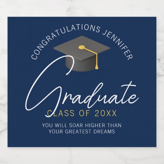 Modern marineblauw Afstuderen afstudeerfeest op ma Sparkling Wijnetiket (Enkel label)