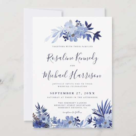 Modern marineblauw bloemengoud Lijst bruiloft Kaart (Voorkant)