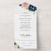 Modern marineblauw blos roze bloemig elegante brui all in one uitnodiging (Binnen)