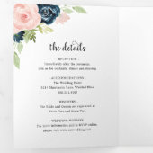 Modern marineblauw blos roze bloemig elegante brui drieluik uitnodiging (Binnenzijde eerst)