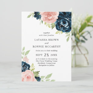 Modern marineblauw blos roze bloemig elegante brui kaart