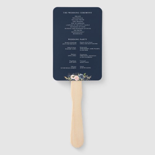 Modern marineblauw & blush roze bruiloft programma handwaaier (Achterkant)