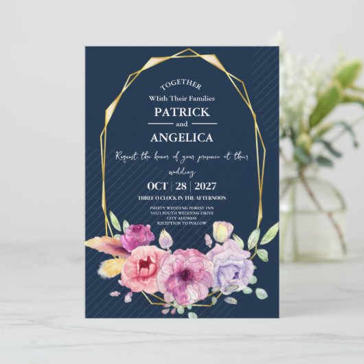 Modern marineblauw bordeaux goud blush roze bruilo kaart (Staand voorkant)