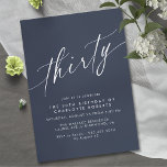 Modern marineblauw | Eenvoudig script 30e verjaard Kaart<br><div class="desc">Elegante 30e verjaardag uitnodigingen met een modern minimal design. Script lettertype op een donkerblauwe achtergrond.</div>