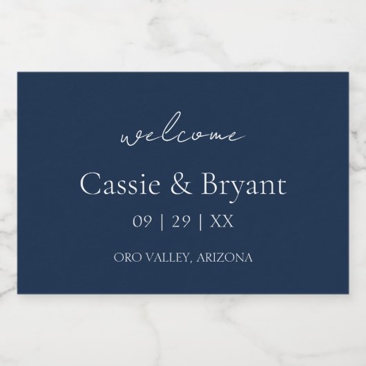 Modern marineblauw elegante bruiloft welkomstgesch sparkling wijnetiket (Enkel label)