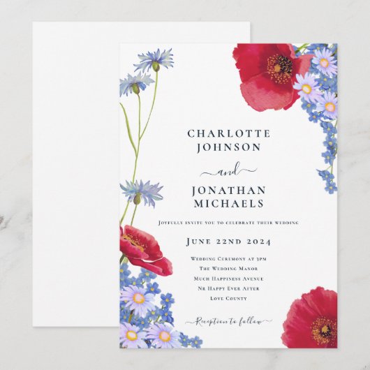 Modern marineblauw elegante wilde bloem bloemenbru kaart (Voorkant / Achterkant)