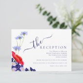 Modern marineblauw elegante zomer bloemenbruiloft informatiekaartje (Staand voorkant)