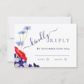 Modern marineblauw elegante zomer bloemenbruiloft RSVP kaartje (Voorkant)