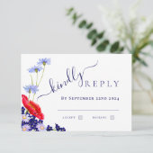 Modern marineblauw elegante zomer bloemenbruiloft RSVP kaartje (Staand voorkant)