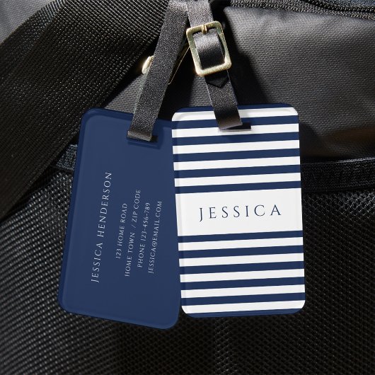 Modern marineblauw gestreept patroon bagagelabel