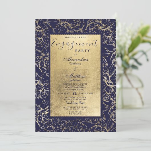 Modern marineblauw goud bloemenchic Verloving Kaart (Staand voorkant)