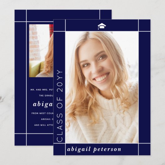 Modern marineblauw Klasse van 2025 afstuderen foto Aankondiging (Voorkant / Achterkant)