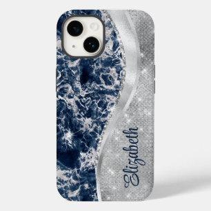 Modern marineblauw marmer zilveren glitter monogra Case-Mate iPhone 14 hoesje