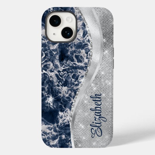 Modern marineblauw marmer zilveren glitter monogra Case-Mate iPhone case (Achterkant)