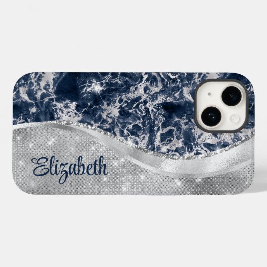 Modern marineblauw marmer zilveren glitter monogra Case-Mate iPhone case (Achterkant (horizontaal))