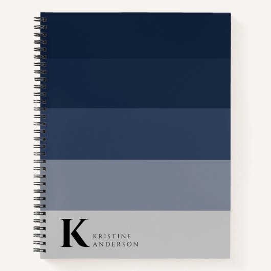 Modern marineblauw ombre grijs klassiek monogram notitieboek (Voorkant)
