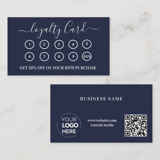 Modern marineblauw QR code Business Logo Klantenkaartje (Voorkant / Achterkant)