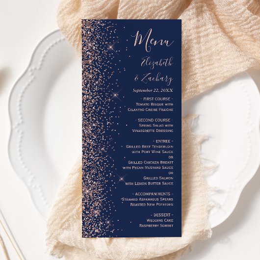 Modern marineblauw Roos gouden glitter edge bruilo Menu