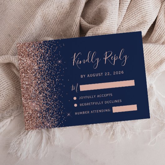 Modern marineblauw Roos gouden glitterrand RSVP Kaartje