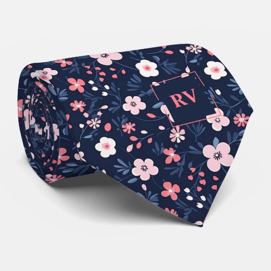 Modern marineblauw roze bloemmonogram stropdas (Opgerold)