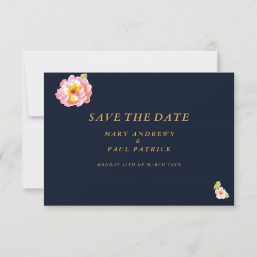 Modern marineblauw roze koraalbloesem Save The Dat Save The Date (Voorkant)