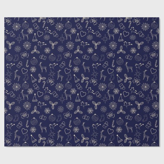 Modern marineblauw Schattige kerstpatroon Cadeaupapier (Vlak)