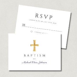 Modern marineblauw schrift religieuze jongen doop RSVP kaartje