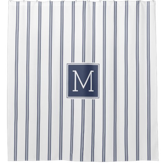 Modern marineblauw streepjespatroon monogram douchegordijn (Voorkant)