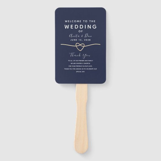 Modern marineblauw trouwprogramma handwaaier (Voorkant)