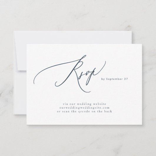 Modern marineblauw wit eenvoudige QR-code bruiloft RSVP Kaartje (Voorkant)