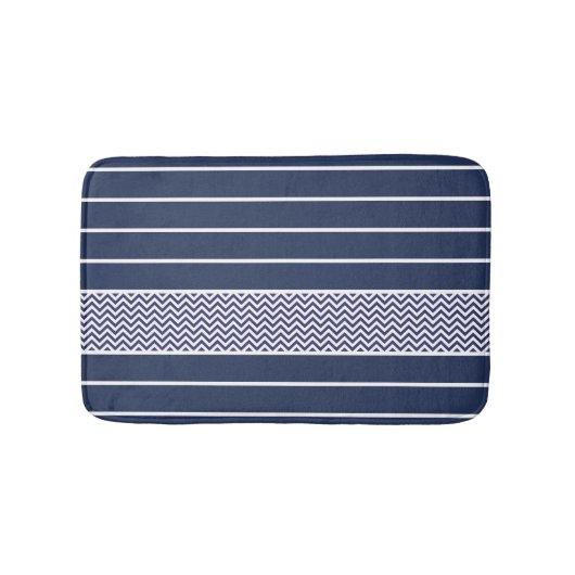 Modern marineblauw wit strepen chevron patroon badmat (Voorkant)