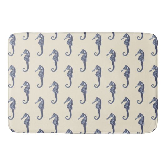 Modern  marineblauw zeepaardje op crème badmat (Voorkant)
