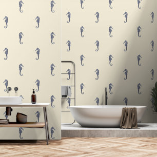 Modern marineblauw zeepaardje op crème beige behang