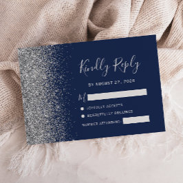 Modern marineblauw zilveren faux glitter rand RSVP kaartje