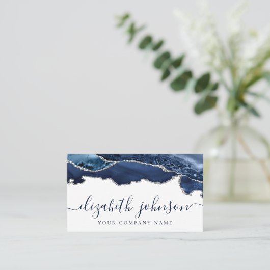 Modern marineblauw zilvergrijs glitter agaat marme visitekaartje (Staand voorkant)