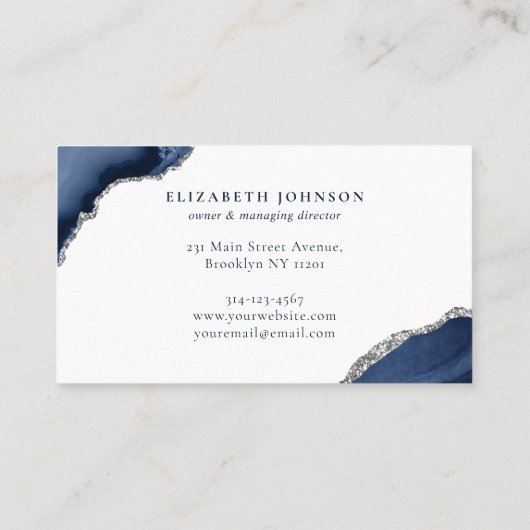 Modern marineblauw zilvergrijs glitter agaat marme visitekaartje (Achterkant)