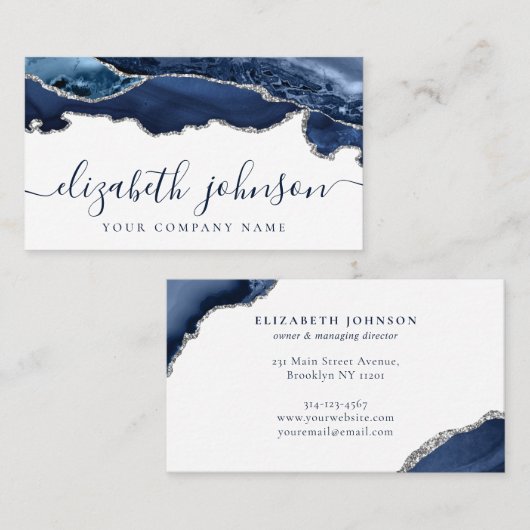 Modern marineblauw zilvergrijs glitter agaat marme visitekaartje (Voorkant / Achterkant)