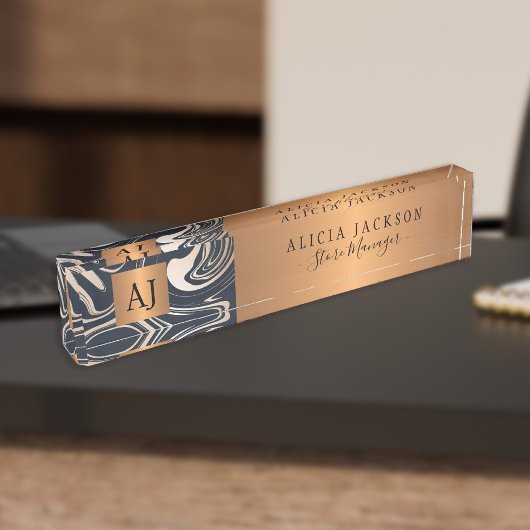 Modern marmer abstract patroonzwart gouden monogra naambordje