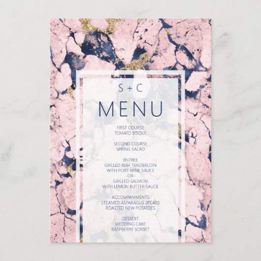 Modern marmer Blue Blush Gold Wedding Menu (Voorkant)