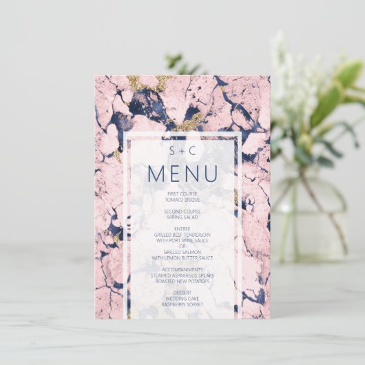 Modern marmer Blue Blush Gold Wedding Menu (Staand voorkant)