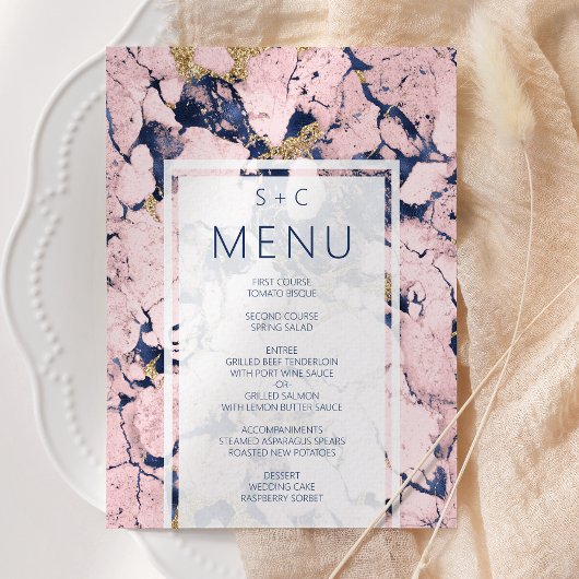 Modern marmer Blue Blush Gold Wedding Menu