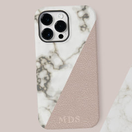 Modern Marmer Blush Roze Faux Lederen Monogram iPhone 16 Pro Max Hoesje
