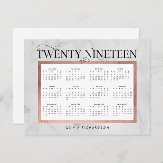 Modern Marmer en Faux Roos Gold 2019 Kalender Feestdagenkaart (Voorkant / Achterkant)