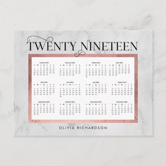 Modern Marmer en Faux Roos Gold 2019 Kalender Feestdagenkaart (Voorkant)