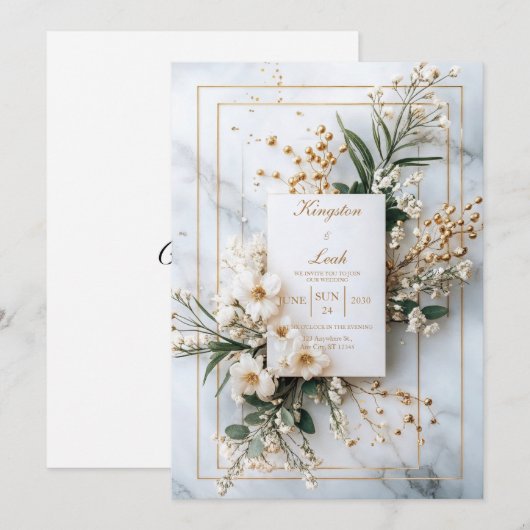 Modern Marmer & Goud Bloemen Huwelijk Kaart (Voorkant / Achterkant)