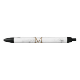 Modern Marmer Goud Meisjesachtig Script Monogram Zwarte Inkt Pen