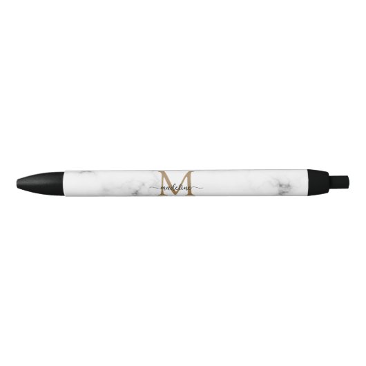Modern Marmer Goud Meisjesachtig Script Monogram Zwarte Inkt Pen (Voorkant)
