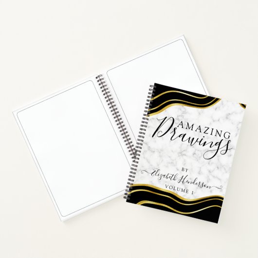 Modern Marmer Goud Zwart Tekening Schetsboek Girly Notitieboek (Binnen)