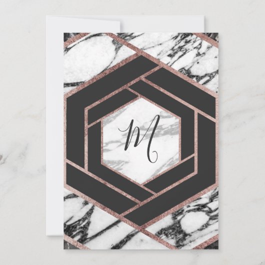 Modern Marmer Roos Gouden Trim Hexagon Bruiloft Kaart (Achterkant)